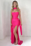 Fuchsia Strapless Corset Sheath Long Prom Dress with Slit