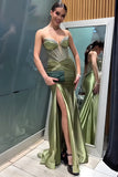 Strapless Green Mermaid Corset Long Prom Dress with Slit