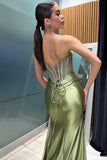 Strapless Green Mermaid Corset Long Prom Dress with Slit
