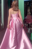 Pink A-Line One Shoulder Long Satin Prom Dress with Bow