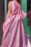 Pink A-Line One Shoulder Long Satin Prom Dress with Bow