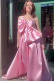 Pink A-Line One Shoulder Long Satin Prom Dress with Bow