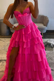Sweetheart Fuchsia Corset A-Line Ruffled Long Prom Dress with Slit