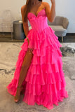 Sweetheart Fuchsia Corset A-Line Ruffled Long Prom Dress with Slit