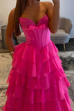 Sweetheart Fuchsia Corset A-Line Ruffled Long Prom Dress with Slit