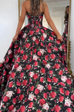 Black Red Flower Strapless Corset Print A-Line Long Prom Dress with Slit