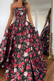 Black Red Flower Strapless Corset Print A-Line Long Prom Dress with Slit