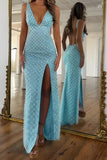 Blue Beaded Sheath V-Neck Long Prom Dress with Slit