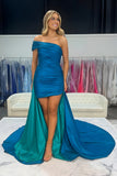 Blue One Shoulder Bodycon Ruched Long Prom Dress