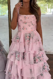 Pink Ruffled A-Line Square Neck Long Prom Dress with Slit