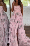 Pink Ruffled A-Line Square Neck Long Prom Dress with Slit