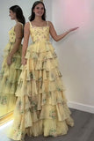 Pink A Line Floral Tiered Long Prom Dress with Ruffles
