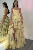Pink A Line Floral Tiered Long Prom Dress with Ruffles
