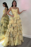 Pink A Line Floral Tiered Long Prom Dress with Ruffles