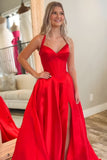 Red Halter Corset A-Line Long Prom Dress with Slit