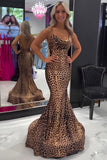 Brown Leopard Spaghetti Straps Mermaid Long Prom Dress