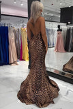 Brown Leopard Spaghetti Straps Mermaid Long Prom Dress