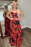 Black Red Flower Strapless Corset A-Line Long Prom Dress with Ruffles