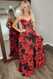 Black Red Flower Strapless Corset A-Line Long Prom Dress with Ruffles