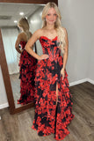 Black Red Flower Strapless Corset A-Line Long Prom Dress with Ruffles