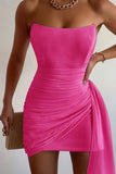 Pink Strapless Bodycon Midi Homecoming Dress with Side Cape