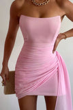 Pink Strapless Bodycon Midi Homecoming Dress with Side Cape