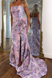 Purple Mermaid Strapless Jacquard Long Prom Dress with Slit