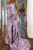 Purple Mermaid Strapless Jacquard Long Prom Dress with Slit