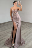 Dusty Rose Strapless Sheath Beaded Long Prom Dress with Slit