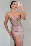Dusty Rose Strapless Sheath Beaded Long Prom Dress with Slit