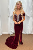 Burgundy Off The Shoulder Velvet Sheath Beaded Long Prom Dress with Slit