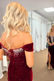 Burgundy Off The Shoulder Velvet Sheath Beaded Long Prom Dress with Slit