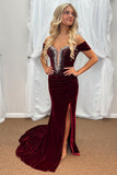 Burgundy Off The Shoulder Velvet Sheath Beaded Long Prom Dress with Slit