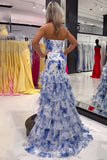 White Blue Flower Strapless Sheath Long Chiffon Prom Dress with Ruffles