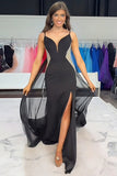 Black Mermaid Beaded Spaghetti Straps Long Prom Dress with Slit