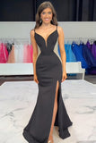Black Mermaid Beaded Spaghetti Straps Long Prom Dress with Slit
