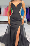 Black Mermaid Beaded Spaghetti Straps Long Prom Dress with Slit