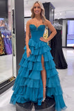 Peacock Blue Sweetheart Tiered A-Line Corset Long Prom Dress with Slit