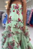 Green Strapless Floral Sheath Ruffled Long Prom Dress with Slit