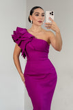 Purple One Shoulder Mermaid Long Prom Dress with Ruffles