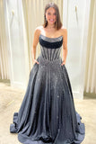 Sparkly Black Strapless Corset Long Prom Dress with Beading