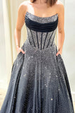 Sparkly Black Strapless Corset Long Prom Dress with Beading