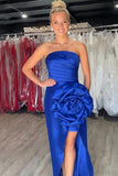 Royal Blue 3D Flower Mermaid Strapless Long Prom Dress with Slit
