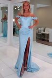 Light Blue 3D Flower Off the Shoulder Mermaid Prom Dress with Slit