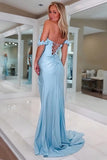 Light Blue 3D Flower Off the Shoulder Mermaid Prom Dress with Slit