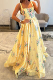 Yellow Floral A Line Square Neck Long Prom Dress