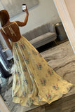 Yellow Floral A Line Square Neck Long Prom Dress