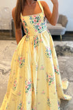 Yellow Floral A Line Square Neck Long Prom Dress