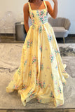 Yellow Floral A Line Square Neck Long Prom Dress