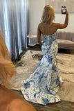 White Blue Flower Corset Mermaid Long Prom Dress